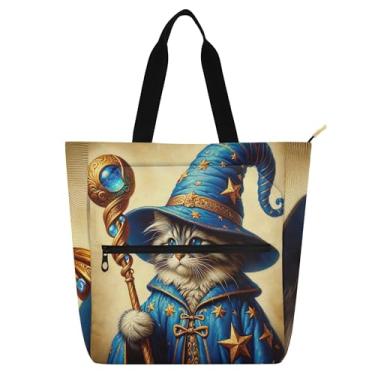 Imagem de GAIGEO Sacolas de trabalho divertidas para gatos de Halloween para mulheres, bolsas de lona para faculdade, escola, utilitárias, bolsas infantis com compartimentos