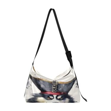 Imagem de Bolsa Hobo de Flores Grandes Pintadas com Zíper, Bolsas de Ombro Femininas, Bolsa Transversal Vegana, Cachorro Husky fofo usando um chapéu de pirata, One Size