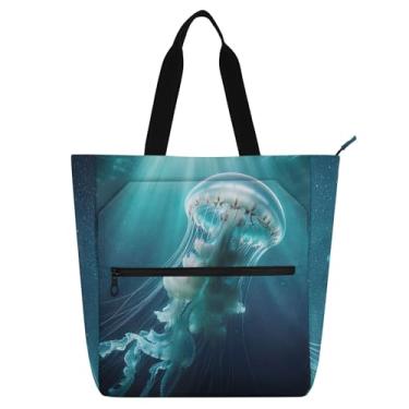 Imagem de GAIGEO Jellyfish Sea Blue Bolsa de trabalho feminina de lona escolar com zíper bolsa carteiro com compartimentos