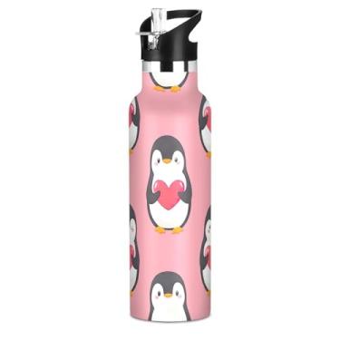 Imagem de Joisal Garrafas de água fofas de pinguins corações rosa para meninos com tampa de palha, garrafa de água isolada de aço inoxidável, copos infantis à prova de vazamento de parede dupla à prova de