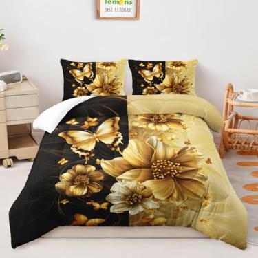 Imagem de AILONEN Conjunto de edredom de borboleta floral, tamanho Queen, preto e dourado, para crianças, adolescentes e adultos, colcha de flores amarelas com 2 fronhas, 3 peças
