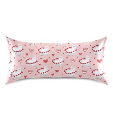 Imagem de Wassud Lhamas Heart Guirlanda Dia dos Namorados Fronha de cetim para cabelo e pele fronhas de seda lisa king size capas de travesseiro respiráveis com fecho de envelope