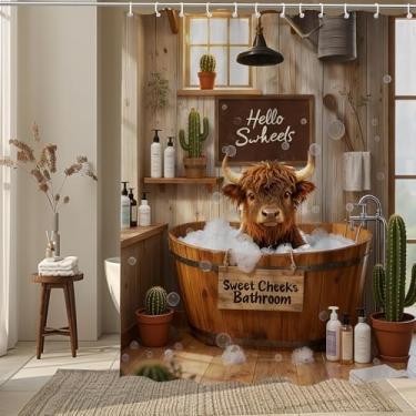 Imagem de VAVBYE Cortina de chuveiro engraçada de vaca Highland Gado ocidental em banheira rústica de madeira, cortina de chuveiro de tecido de cacto para decoração de banheiro 182 x 182 cm