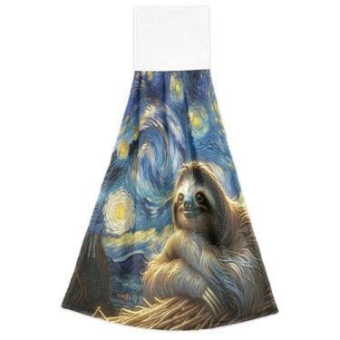 Imagem de Joisal Toalhas de cozinha fofas preguiça céu noturno estrelado com laço para pendurar toalhas de chá de forno macias absorventes conjunto de 2, toalha de cozinha decoração de casa 18,2 x 14 polegadas