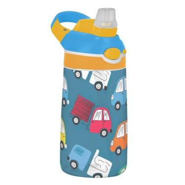 Imagem de Garrafa de água de 473 ml com canudo para crianças, meninas, meninos, 473 ml, garrafa de água esportiva portátil Tritan reutilizável à prova de vazamento, alça de transporte, carros fofos, caminhões