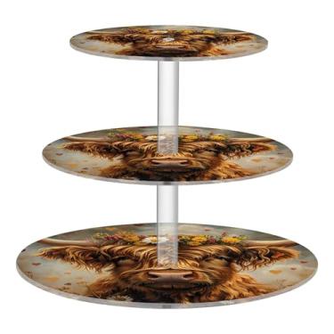 Imagem de Suporte vintage para cupcake de vaca Highland com 3 níveis de margaridas em acrílico para festa de chá e cupcake, suportes de sobremesa rosa, bandejas de servir para festa, comida, aniversário