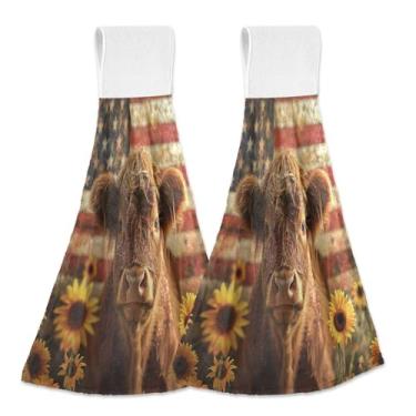 Imagem de Joitme Toalhas de mão penduradas com bandeira dos EUA Highland Cow Sunflowers, pacote com 2, toalhas de cozinha macias e absorventes com laço para pendurar, toalhas decorativas para forno para cozinha