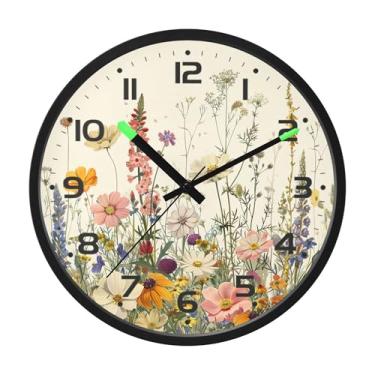 Imagem de SEHANY Herb Wildflower Relógio de parede silencioso sem tique-taque relógio redondo operado por bateria 30 cm controle de som luz noturna relógios de parede para sala de estar, cozinha, quarto