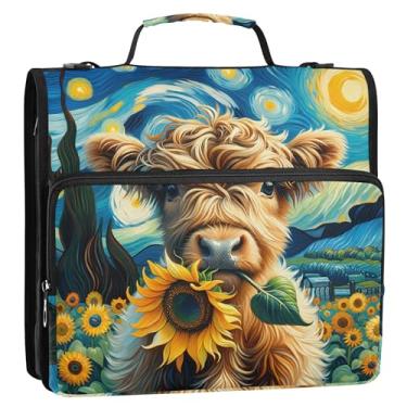 Imagem de Starry Night Highland Cow Girassol, 3 Anéis, 3 Anéis, Anel D com Zíper, Bolsa Organizadora com Alça para Portfólio Escolar e Porta-Pastas de Anéis