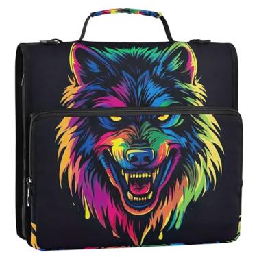 Imagem de Lobo cabeça neon colorido 3 fichários anel D 1 1/2 polegada organizador de fichários escolares bolsa com alça de ombro pasta de portfólio de armazenamento com alça de ombro com alça
