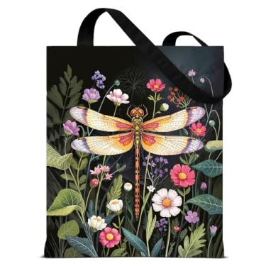 Imagem de QYCFDXD Sacola de lona botânica escura gótica para mulheres, vintage, floral, libélula, estética, reutilizável, bolsa de ombro para compras, compras, viagens, trabalho, praia