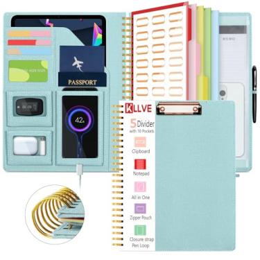 Imagem de KLLVE Prancheta espiral dobrável azul com bolsa de armazenamento com zíper, 5 pastas de plástico com bolsos, bloco de notas forrado recarregável (21,6 cm x 28 cm), organizador de projetos de capa dura
