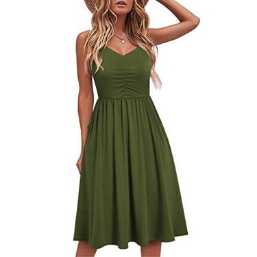 Imagem de YATHON Vestidos casuais para mulheres, sem mangas, algodão, verão, praia, evasê, alças finas, vestidos de verão com bolsos, Verde militar, G