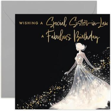 Imagem de Cartão de aniversário feminino Old English Co. - Cartão de aniversário especial de cunhada para ela - Design de vestido de silhueta de glitter dourado - Cartão de aniversário brilhante para cunhada |