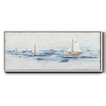 Imagem de Renditions Gallery Tela de paisagem, decoração de casa, vários veleiros na água, pintura e impressões para quarto, escritório, cozinha, lobby - moldura branca LT609 de 20,32 cm x 50,8 cm