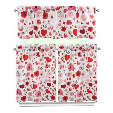 Imagem de Zifmrtrwn Cortinas de cozinha Valentine Conjunto de 3 peças cortinas de corações florais sanefa e camadas para cozinha, casa, interior, café, 91 cm, cortina de janela curta sobre a pia, decoração de
