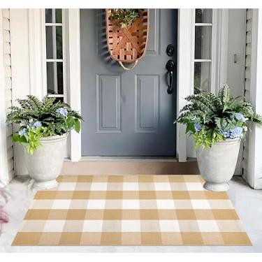 Imagem de Capacho em camadas cáqui e branco 70 x 109 cm quadriculado casa de fazenda outono tapete de algodão lavável tapete de porta da frente para exterior para porta de boas-vindas tapete de entrada quarto