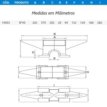 Imagem de Bigorna Industrial Ferro Fundido Nodular 40kg 57x20,2x12cm