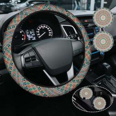 Imagem de Capa de volante boho, capa de volante de neoprene antiderrapante, acessórios de carro boêmios para mulheres, ajuste universal de 38 cm para automóvel, SUVS, inclui 2 porta-copos de cerâmica