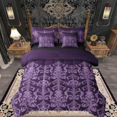 Imagem de Feelyou Jogo de cama Queen gótico damasco com lençol para crianças, meninos, meninas, estilo barroco vitoriano, antigo, 7 peças, gótico roxo, floral, em uma bolsa, decoração de quarto boêmio, macio
