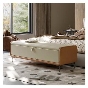 Imagem de Banco otomano moderno moderno de couro sintético com base de metal, banco estofado de quarto para o final da cama, banco de sapatos de luxo, apoio para os pés para quarto, sala de estar, decoração de