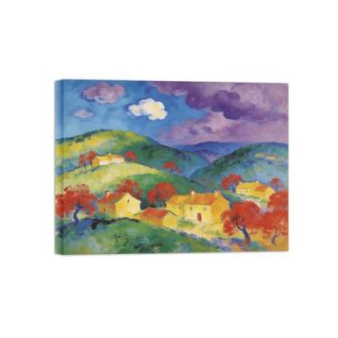 Imagem de Impressão em tela de arte de parede de paisagem - Pintura de árvore de montanha de aldeia - quadros para sala de estar pronta para pendurar tela embrulhada 50 x 65 cm 20 x 26 pol