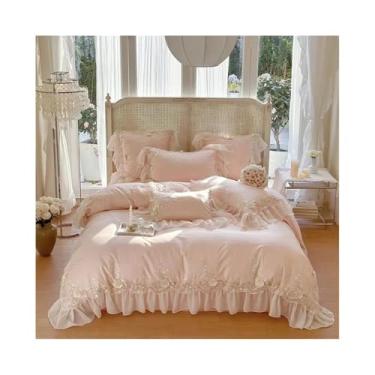 Imagem de Conjunto de capa de edredom queen king de renda rosa chique com babados 4 peças de algodão egípcio flores bordadas com fecho de zíper (tamanho king size 4 peças)