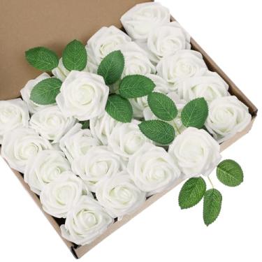 Imagem de 100 peças de rosas artificiais brancas, rosas falsas de espuma de aparência real com folhas, flores artificiais a granel, flor de toque real para buquês de casamento, decoração de mesa de festa