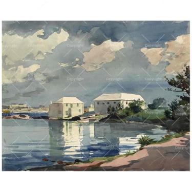 Imagem de Winslow Homer Paint by Numbers Kit para adultos – DIY Bermuda Houses by The Water Pintura em aquarela em tela 40,6 x 50,8 cm, conjunto de tinta acrílica para iniciantes, arte para decoração de casa ou
