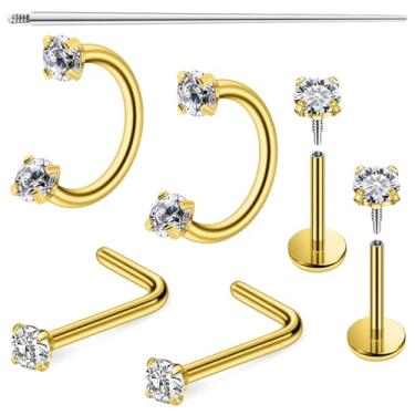 Imagem de Dyknasz Anel de nariz em ferradura 18G com rosca interna, argolas de aço cirúrgico, meio duplo, zircônia cúbica, piercing de nariz, lábio, sobrancelha, hélice, daith, piercing de orelha para mulheres