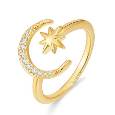 Imagem de YUJIE Anel aberto com estrela da lua para mulheres, banhado a ouro 18 K, zircônia cúbica, delicada, ajustável, joia brilhante da moda