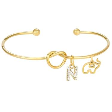 Imagem de COSHAYSOO Pulseira feminina banhada a ouro 14K com berloques de elefante com letra inicial, One Size, Aço inoxidável Aço inoxidável Ouro 14K, Sem Pedra Preciosa
