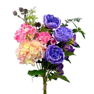 Imagem de Falorbale Buquê de flores artificiais – mistura de peônia e eucalipto de seda falsa, arranjos de flores artificiais para casa, decoração de escritório e mesa de jantar (amarelo, rosa e roxo escuro)