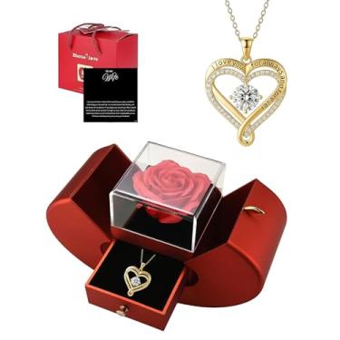 Imagem de ziella Caixa de rosas de flores preservadas com colar de coração duplo, presentes de rosa eterna para esposa do marido no aniversário de aniversário de dia dos namorados (I'll Forever Be Yours