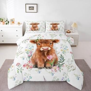 Imagem de Feelyou Jogo de cama Queen fofo de vaca highland para meninos e meninas, animal selvagem, conjunto de edredom com flores florais e adolescentes, 3 peças