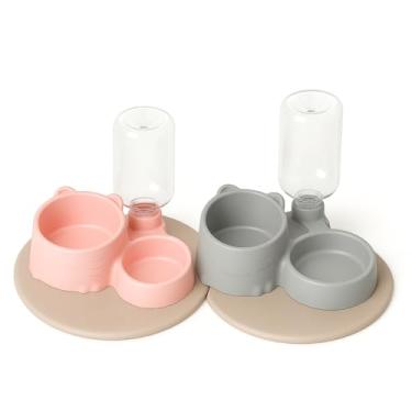 Imagem de Comedouro Duplo Anti Formiga para Cães e Gatos, Bebedouro Automático Pet com Suporte para Garrafa, Tigela Antiderrapante BPA Free(Kit Rosa + Cinza)