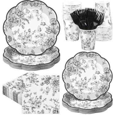 Imagem de Kochorie 144 peças de pratos e guardanapos de papel floral preto, conjunto de utensílios de mesa de flores pretas e brancas inclui pratos recortados vintage, guardanapos, copos, garfos para casamento
