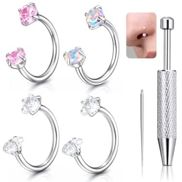 Imagem de 6 peças 18G Anel de nariz em ferradura para mulheres, argola de nariz antisensível de aço inoxidável, argola dupla para nariz de sapato de cavalo de gema dupla para cartilagem de orelha, auricular