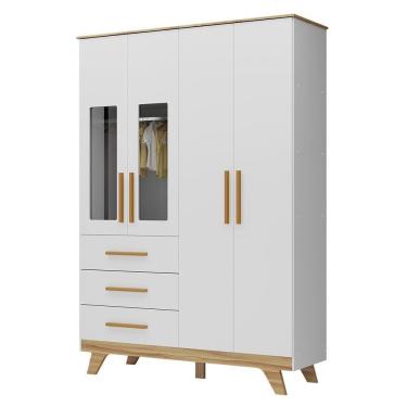Imagem de Guarda Roupa Infantil Retrô 4 Portas Com Janelas E 3 Gavetas Branco Brilho/amêndoa - Móveis Peroba