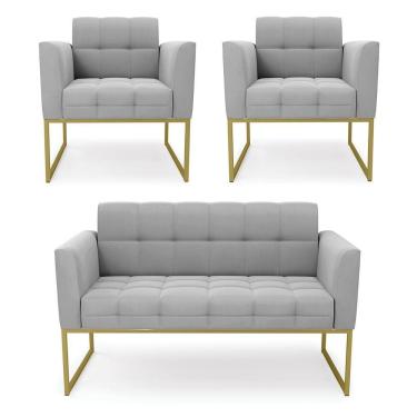 Imagem de Kit 1 Sofá Namoradeira E 2 Poltronas Elisa Suede Cinza Base Metálica Industrial Dourada D'rossi