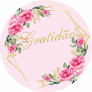 Imagem de Painel de Tecido Sublimado Redondo Gratidão Rosa Flores Vintage c/ Elá