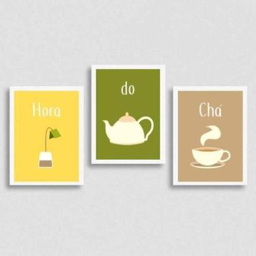 Imagem de Kit 3 Quadros Hora Do Chá 45X34Cm - Com Vidro Moldura Branca - Quadros