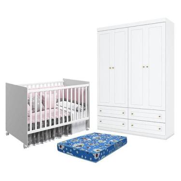 Imagem de Berço Nacional Mel Branco Acetinado  Reller e Guarda Roupa Infantil Am