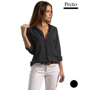 Imagem de Camisa Feminina Social De Botão Alfaiataria Manga Longa Colarinho Italiano Acabamento Premium Linho-Feminino