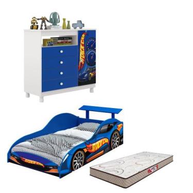 Imagem de Quarto Infantil Carro Azul com Colchão Completo  Cama Stock Car Cômoda