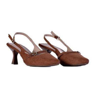 Imagem de Scarpin Feminino Slingback Salto 6,5cm Bico Fino Camurça Fivela Ajustá