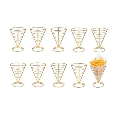Imagem de Suporte Cone Fritas Cestinha Inox Dourado Servir Petisco 10un - casa c