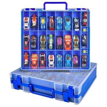 Imagem de Caixa organizadora de armazenamento de carro de brinquedo compatível com Hot Wheels/para carros Matchbox. Suporte de contêiner de transporte para exibição para bonecas LOL Surprise / para Shopkins com 48 compartimentos dupla face - azul (apenas caixa)