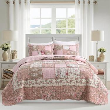 Imagem de Conjunto de Cama NEWLAKE Queen Algodão Patchwork Floral Rosa