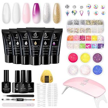 Imagem de Beetles Kit de unhas de gel de extensão de poliéster, 6 cores, 30 g, gel com mini lâmpada de unha, solução deslizante com glitter, tudo em um kit para iniciantes de manicure e manicure em casa, presente de dia das mães para mulheres